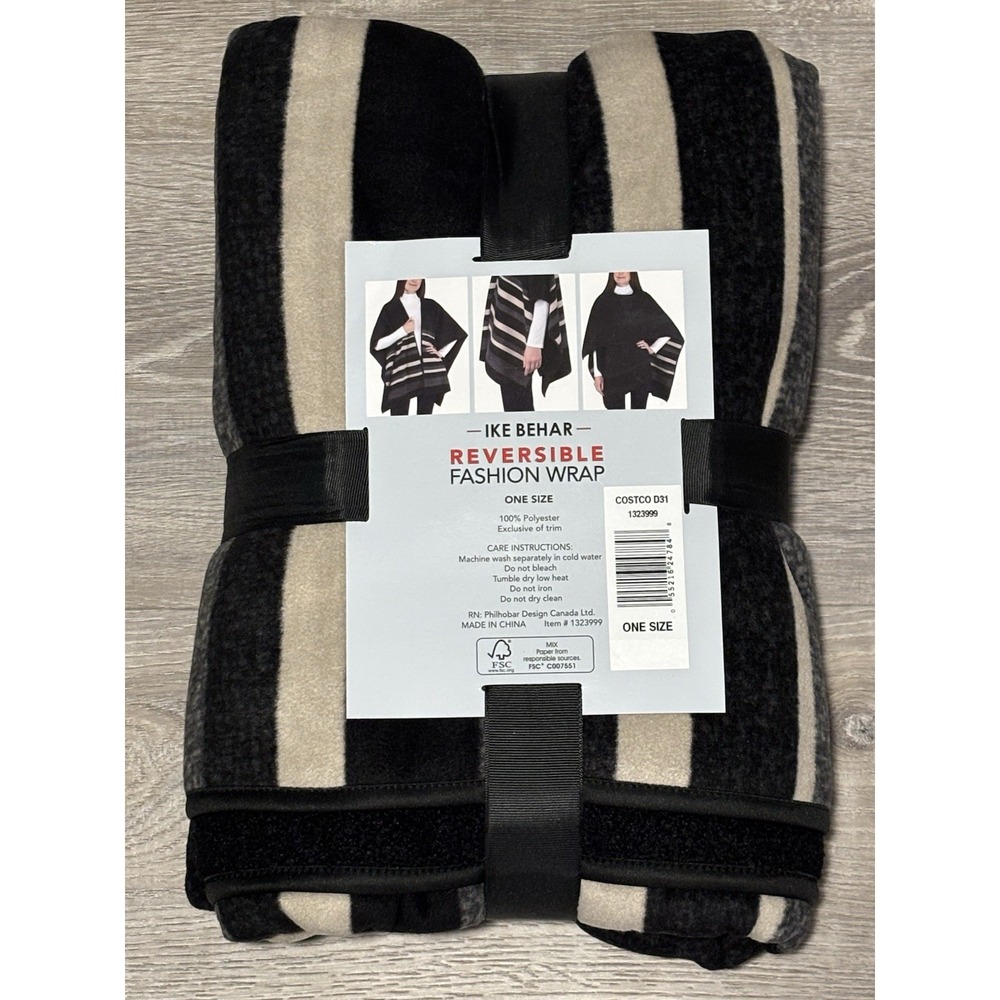 Brand New Ike Behar Black Reversible Fashion Wrap Cape Shawl‎ Women's One Size - Picture 3 of 5